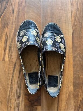 Tory Burch Hopewell Black Floral Espadrilles with Leather Cap Toe